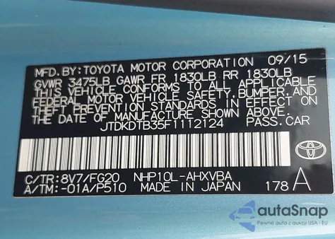 2015 Toyota Prius C Two from USA, damaged, VIN JTDKDTB35F1112124